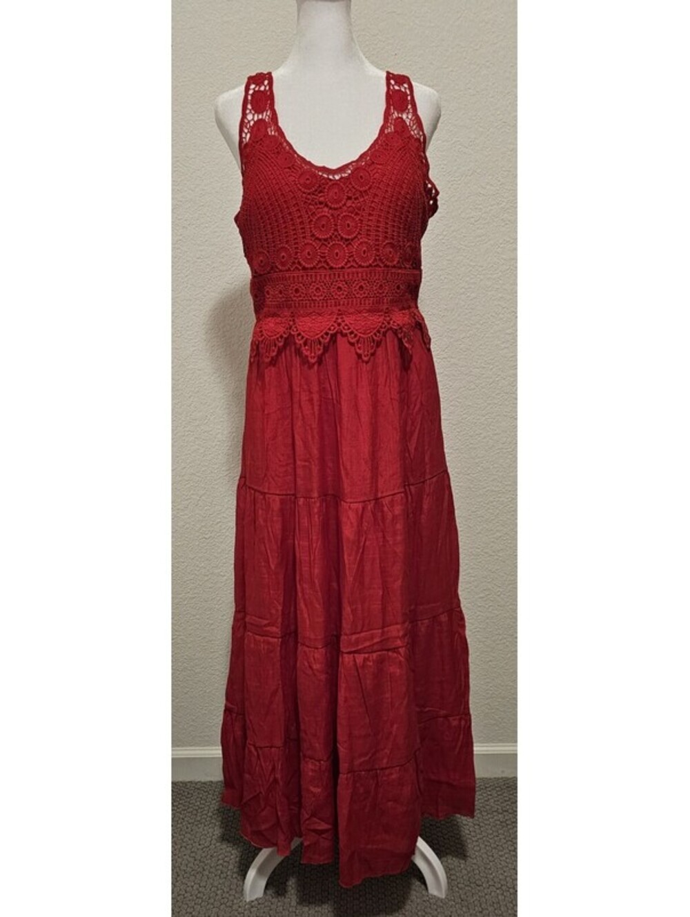 J GEE Crochet Lace Coral Red Built In Bra Boho Maxi Summer Vocation Dress SizeXL